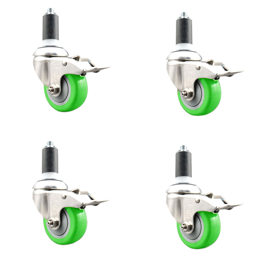 Polyurethane Swivel Stem Caster Set of 4 with 3.5 Inch Green Caster Wheels - 1-3/8" Expanding Stems - 316 Stainless Steel Casters-Includes 4 Swivel Casters with Total Lock Brakes- Service Caster Brand — photo 1