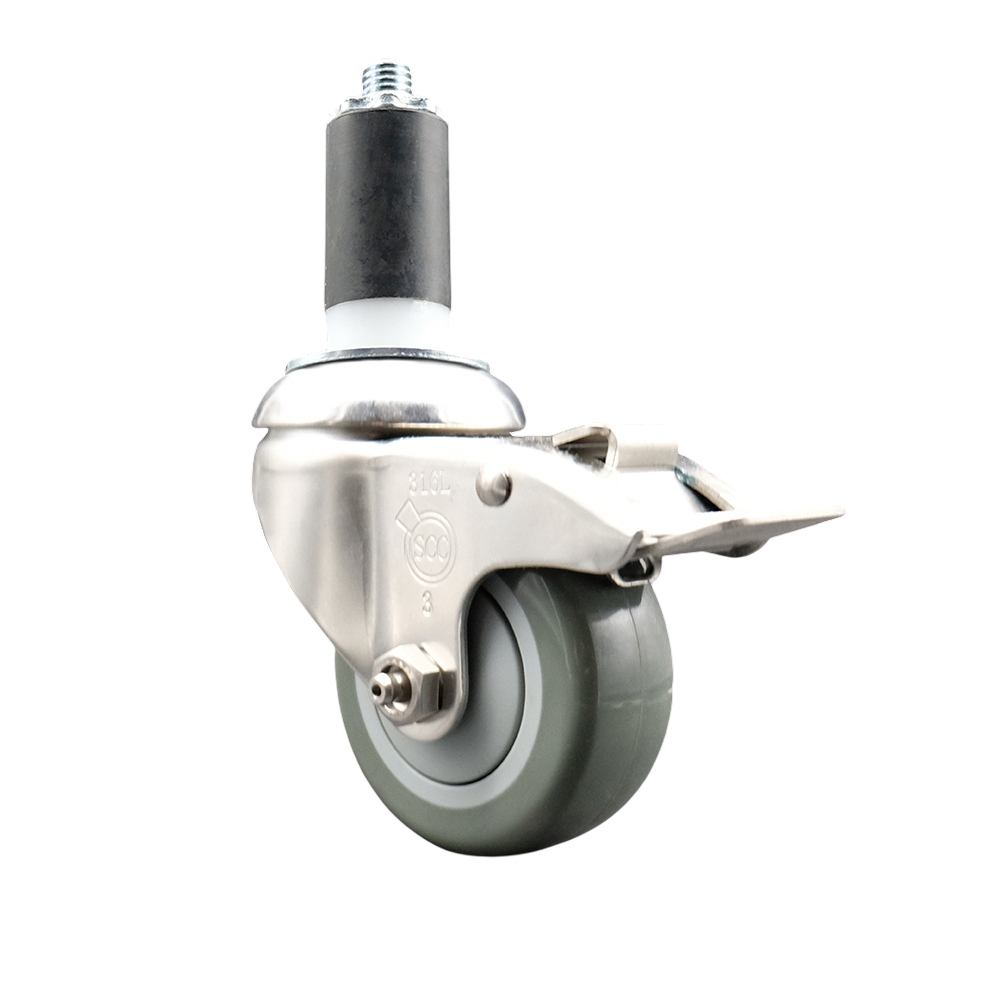 Polyurethane Swivel Stem Caster with 3.5 Inch Gray Caster Wheel and Total Lock Brake - 1-3/8" Expanding Stem - 316 Stainless Steel Caster - 300 lbs. Capacity Per Caster - Service Caster Brand — photo 1