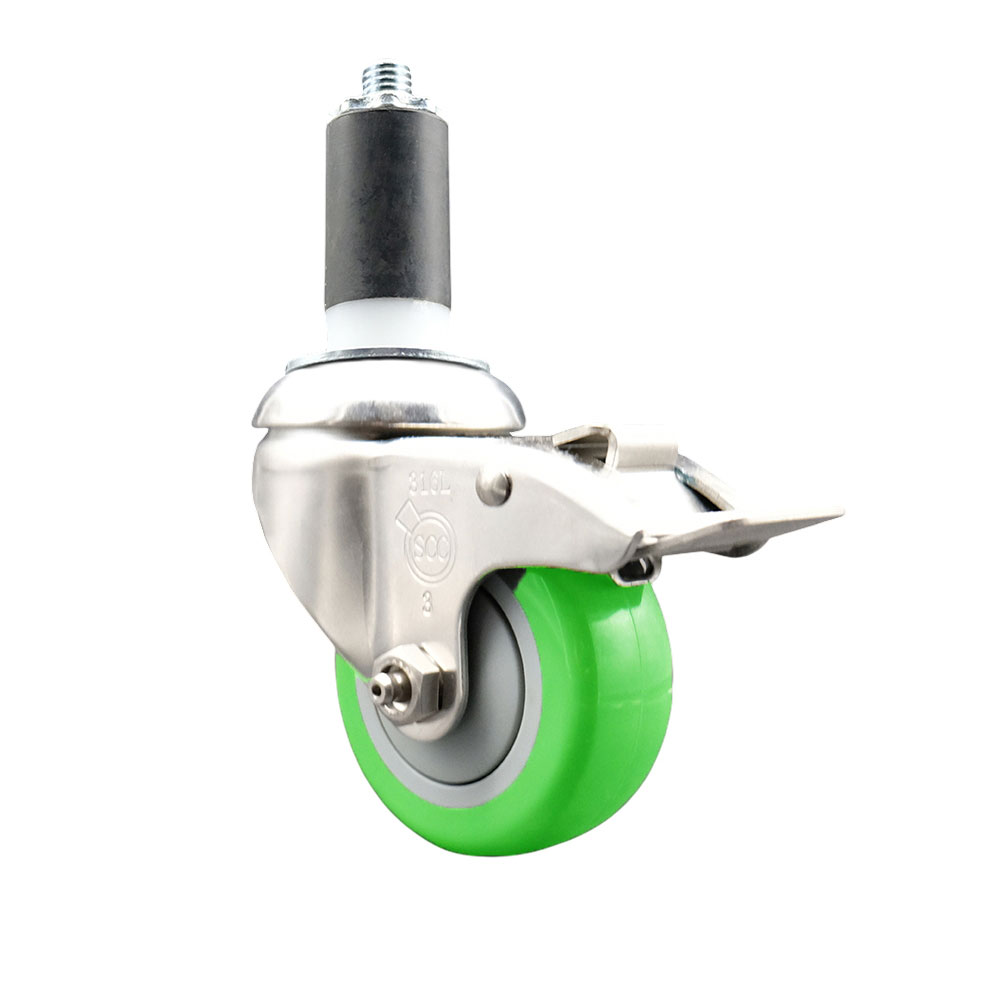 Polyurethane Swivel Stem Caster with 3.5 Inch Green Caster Wheel and Total Lock Brake - 1-3/8" Expanding Stem - 316 Stainless Steel Caster - 300 lbs. Capacity Per Caster - Service Caster Brand — photo 1