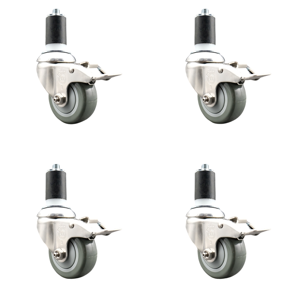 Polyurethane Swivel Stem Caster Set of 4 with 3 Inch Gray Caster Wheels - 1-5/8" Expanding Stems - 316 Stainless Steel Casters - Includes 4 Swivel Casters with Total Lock Brakes- Service Caster Brand — photo 1