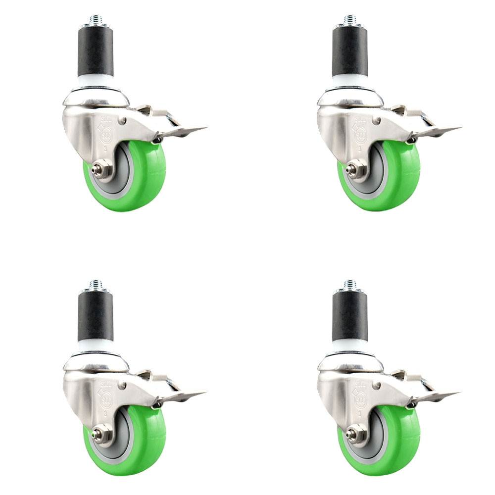 Polyurethane Swivel Stem Caster Set of 4 with 3.5 Inch Green Caster Wheels - 1-5/8" Expanding Stems - 316 Stainless Steel Casters-Includes 4 Swivel Casters with Total Lock Brakes- Service Caster Brand — photo 1