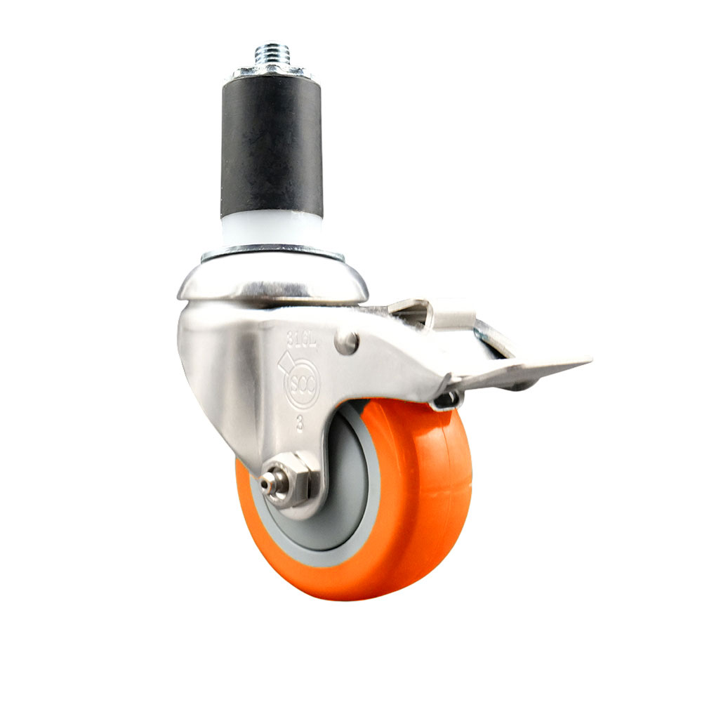 Polyurethane Swivel Stem Caster with 3.5 Inch Orange Caster Wheel and Total Lock Brake - 1-5/8" Expanding Stem - 316 Stainless Steel Caster - 300 lbs. Capacity Per Caster - Service Caster Brand — photo 1