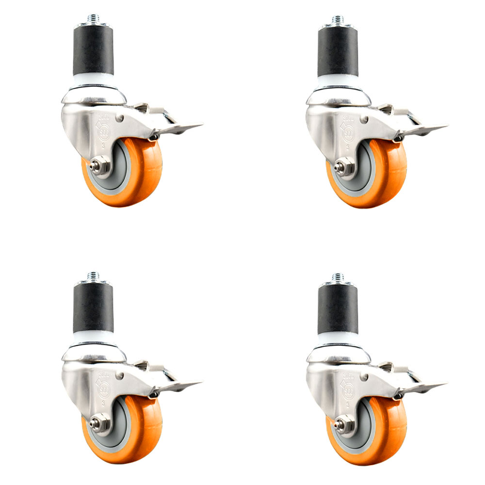 Polyurethane Swivel Stem Caster Set of 4 with 3 Inch Orange Caster Wheels - 1-7/8" Expanding Stems - 316 Stainless Steel Casters - Includes 4 Swivel Casters with Total Lock Brakes-Service Caster Brand — photo 1