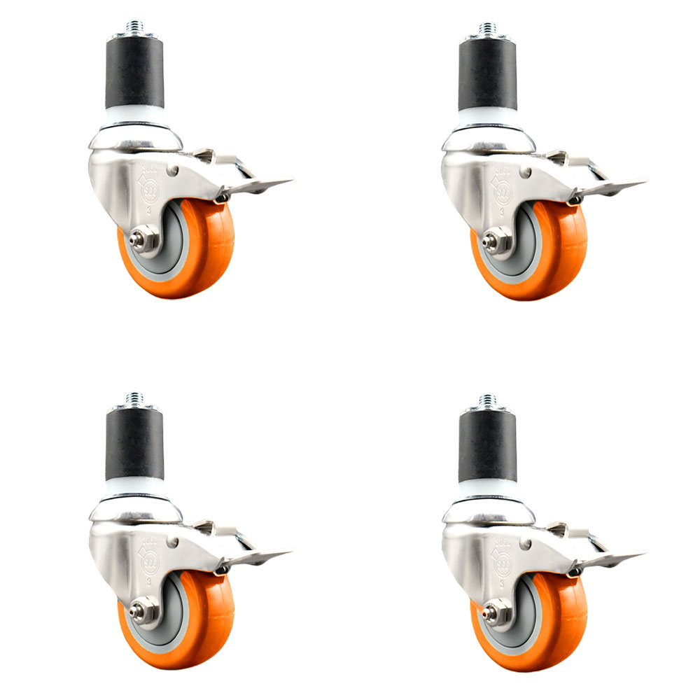 Polyurethane Swivel Stem Caster Set of 4 with 3.5 Inch Orange Caster Wheels - 1-7/8" Expanding Stems - 316 Stainless Steel Casters-Includes 4 Swivel Casters with Total Lock Brakes-Service Caster Brand — photo 1