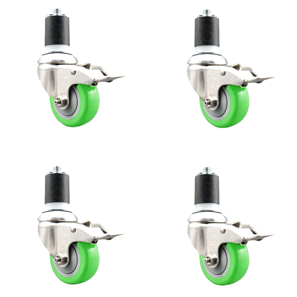 Polyurethane Swivel Stem Caster Set of 4 with 3.5 Inch Green Caster Wheels - 1-7/8" Expanding Stems - 316 Stainless Steel Casters-Includes 4 Swivel Casters with Total Lock Brakes- Service Caster Brand — photo 1