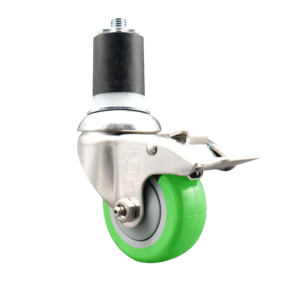 Polyurethane Swivel Stem Caster with 3.5 Inch Green Caster Wheel and Total Lock Brake - 1-7/8" Expanding Stem - 316 Stainless Steel Caster - 300 lbs. Capacity Per Caster - Service Caster Brand — photo 1