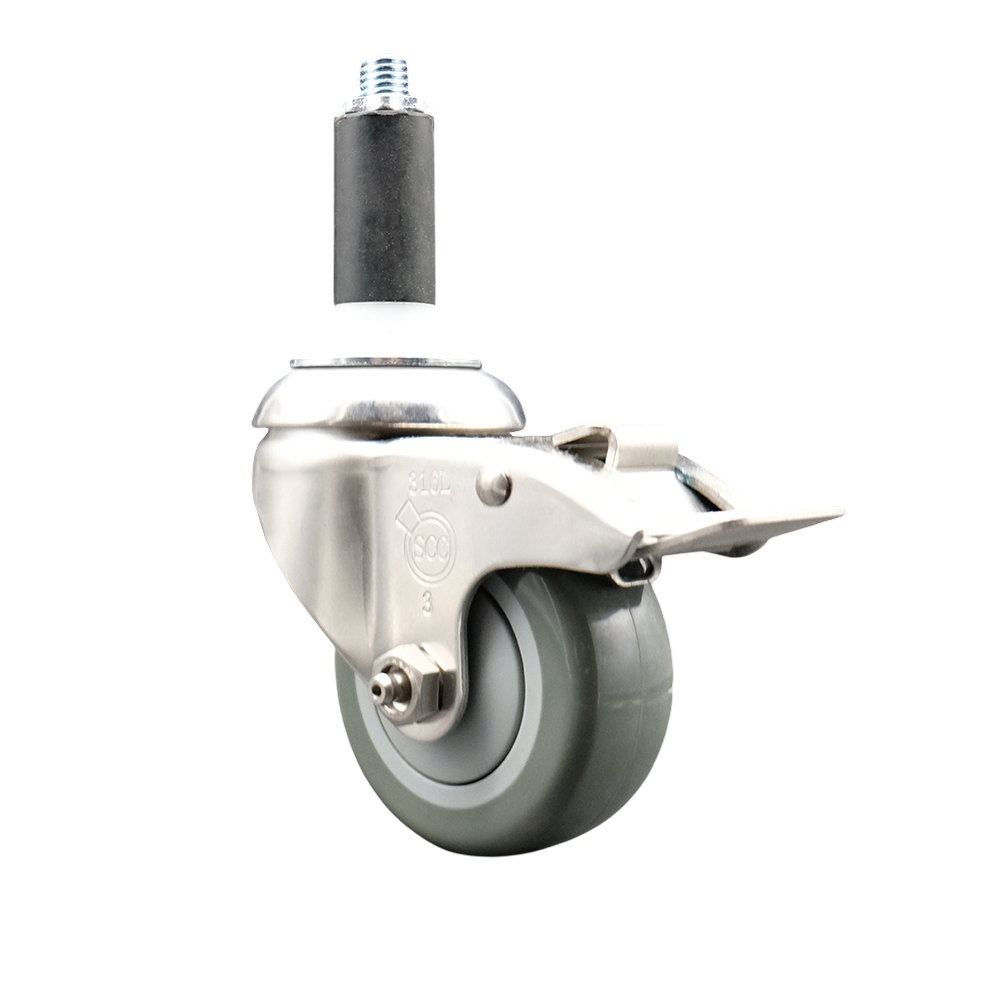 Polyurethane Swivel Stem Caster with 3.5 Inch Gray Caster Wheel and Total Lock Brake - 1" Expanding Stem - 316 Stainless Steel Caster - 300 lbs. Capacity Per Caster - Service Caster Brand — photo 1