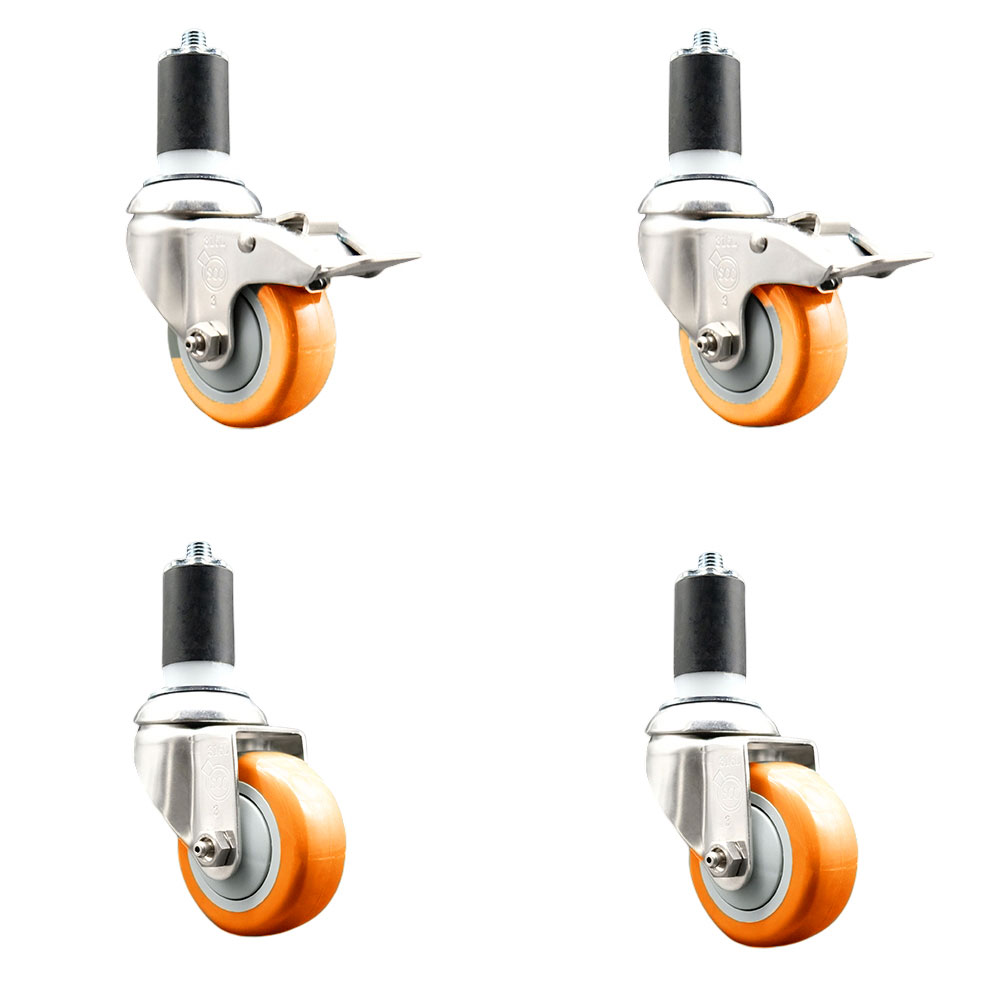Polyurethane Swivel Stem Caster Set of 4 with 3 Inch Orange Caster Wheels - 1-1/2" Expanding Stem-316 Stainless Steel Casters-Includes 2 Swivel with Total Lock Brakes and 2 Swivel-Service Caster Brand — photo 1