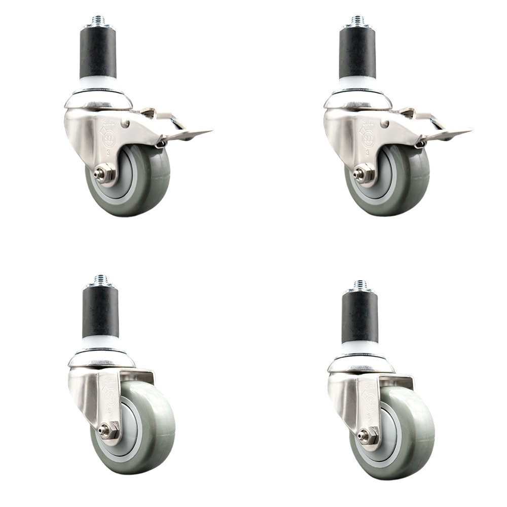 Polyurethane Swivel Stem Caster Set of 4 with 3 Inch Gray Caster Wheels - 1-1/2" Expanding Stem -316 Stainless Steel Casters-Includes 2 Swivel with Total Lock Brakes and 2 Swivel-Service Caster Brand — photo 1