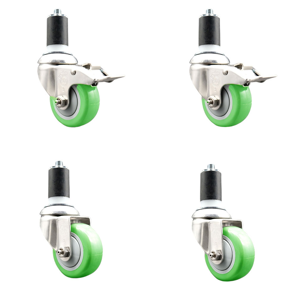 Polyurethane Swivel Stem Caster Set of 4 with 3.5 Inch Green Caster Wheels- 1-1/2" Expanding Stem-316 Stainless Steel Casters-Includes 2 Swivel with Total Lock Brakes and 2 Swivel-Service Caster Brand — photo 1