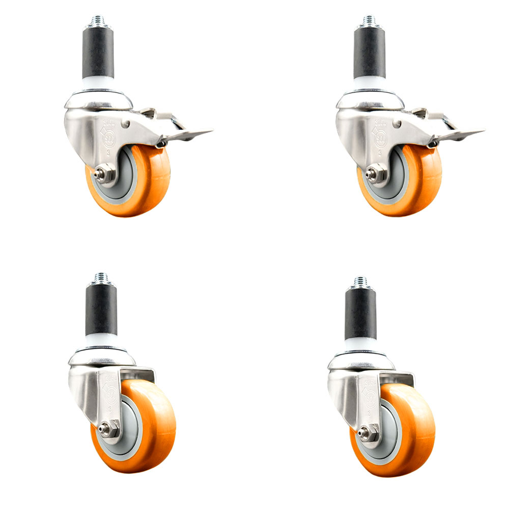 Polyurethane Swivel Stem Caster Set of 4 with 3 Inch Orange Caster Wheels - 1-1/4" Expanding Stem-316 Stainless Steel Casters-Includes 2 Swivel with Total Lock Brakes and 2 Swivel-Service Caster Brand — photo 1