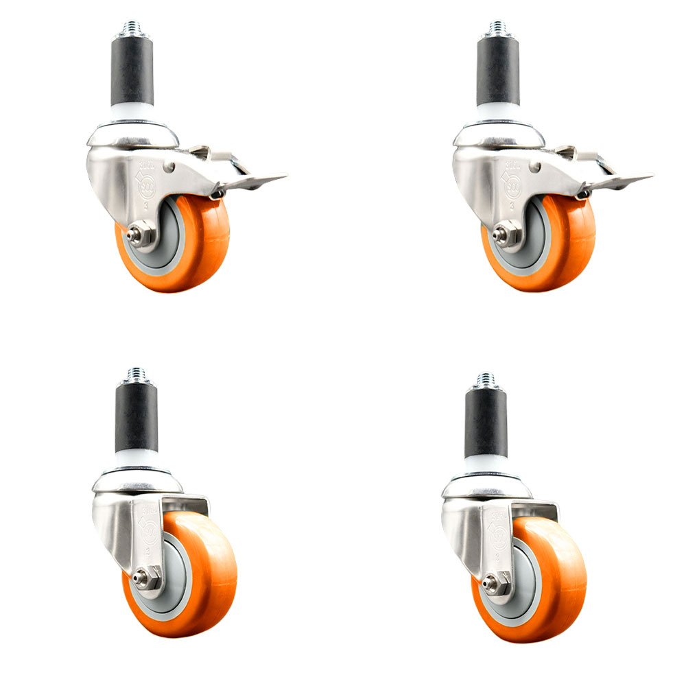 Polyurethane Swivel Stem Caster Set of 4 with 3.5 Inch Orange Caster Wheels-1-1/4" Expanding Stem-316 Stainless Steel Casters-Includes 2 Swivel with Total Lock Brakes and 2 Swivel-Service Caster Brand — photo 1