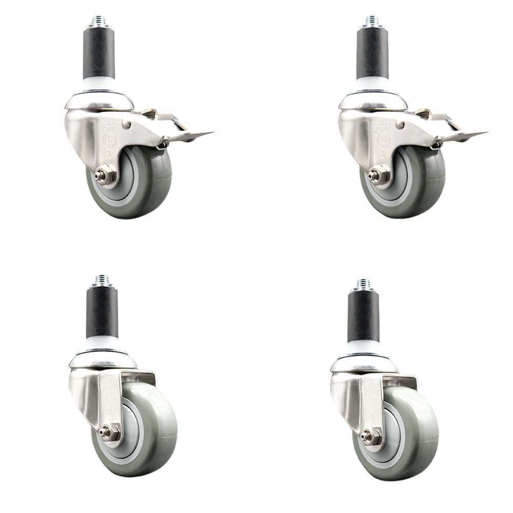 Polyurethane Swivel Stem Caster Set of 4 with 3 Inch Gray Caster Wheels - 1-1/4" Expanding Stem -316 Stainless Steel Casters-Includes 2 Swivel with Total Lock Brakes and 2 Swivel-Service Caster Brand — photo 1