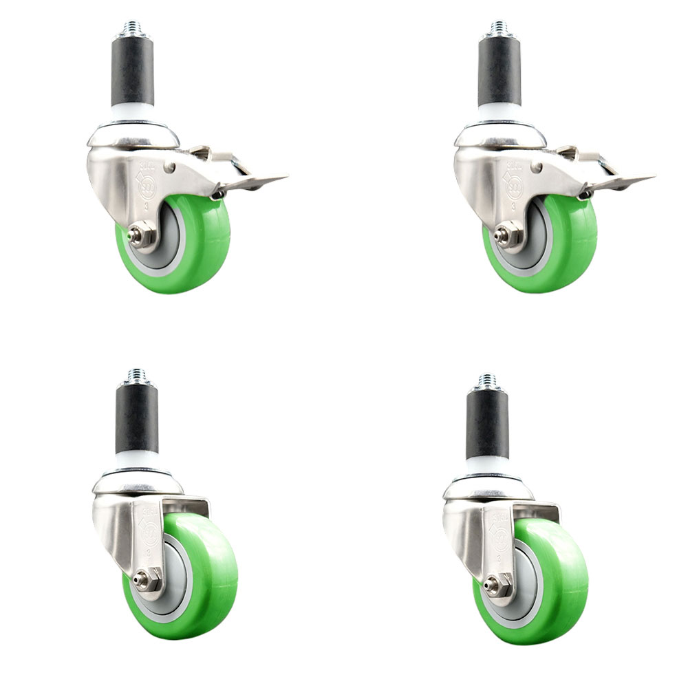 Polyurethane Swivel Stem Caster Set of 4 with 3.5 Inch Green Caster Wheels- 1-1/4" Expanding Stem-316 Stainless Steel Casters-Includes 2 Swivel with Total Lock Brakes and 2 Swivel-Service Caster Brand — photo 1
