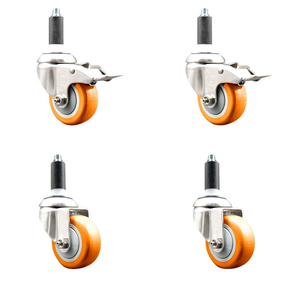 Polyurethane Swivel Stem Caster Set of 4 with 3 Inch Orange Caster Wheels - 1-1/8" Expanding Stem-316 Stainless Steel Casters-Includes 2 Swivel with Total Lock Brakes and 2 Swivel-Service Caster Brand — photo 1