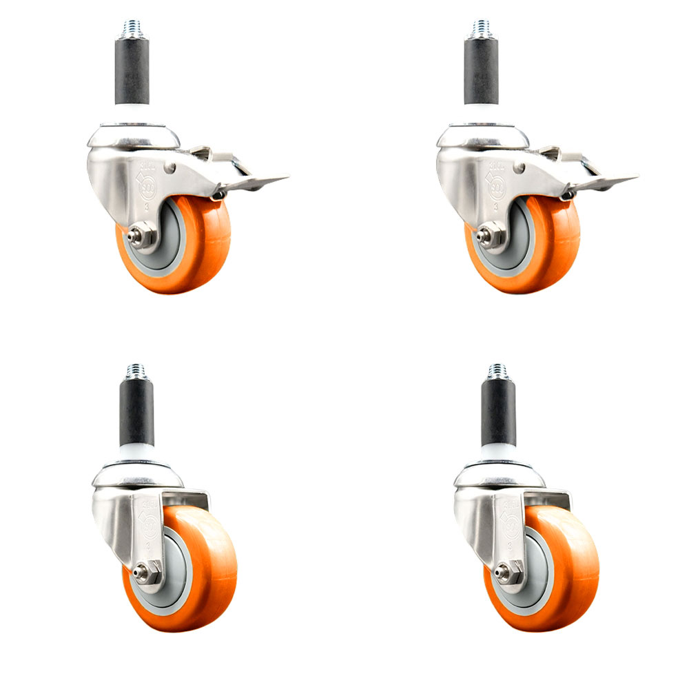 Polyurethane Swivel Stem Caster Set of 4 with 3.5 Inch Orange Caster Wheels-1-1/8" Expanding Stem-316 Stainless Steel Casters-Includes 2 Swivel with Total Lock Brakes and 2 Swivel-Service Caster Brand — photo 1