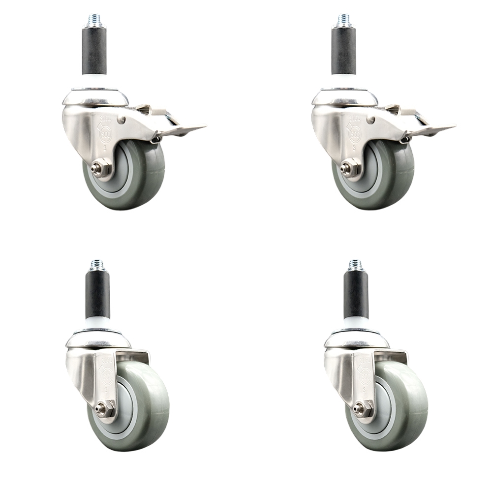 Polyurethane Swivel Stem Caster Set of 4 with 3.5 Inch Gray Caster Wheels- 1-1/8" Expanding Stem-316 Stainless Steel Casters-Includes 2 Swivel with Total Lock Brakes and 2 Swivel-Service Caster Brand — photo 1