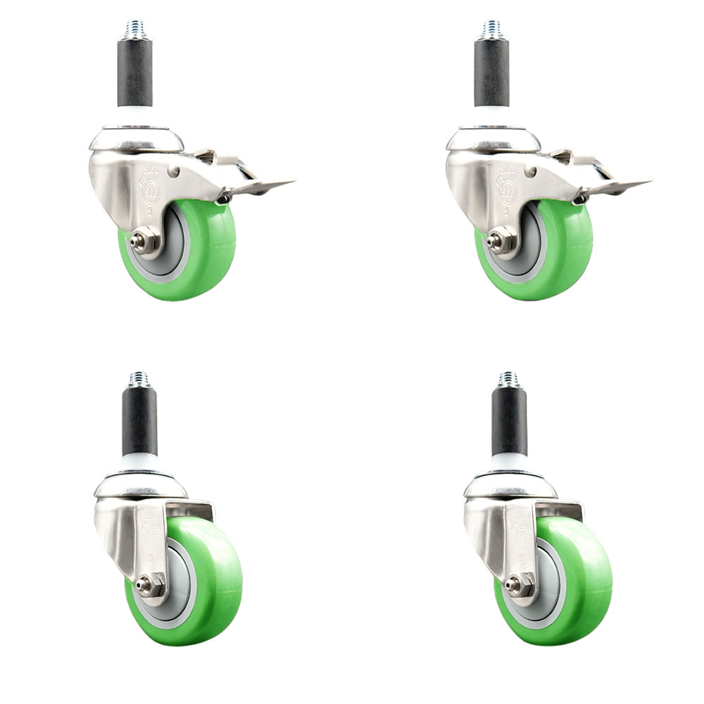 Polyurethane Swivel Stem Caster Set of 4 with 3.5 Inch Green Caster Wheels- 1-1/8" Expanding Stem-316 Stainless Steel Casters-Includes 2 Swivel with Total Lock Brakes and 2 Swivel-Service Caster Brand — photo 1