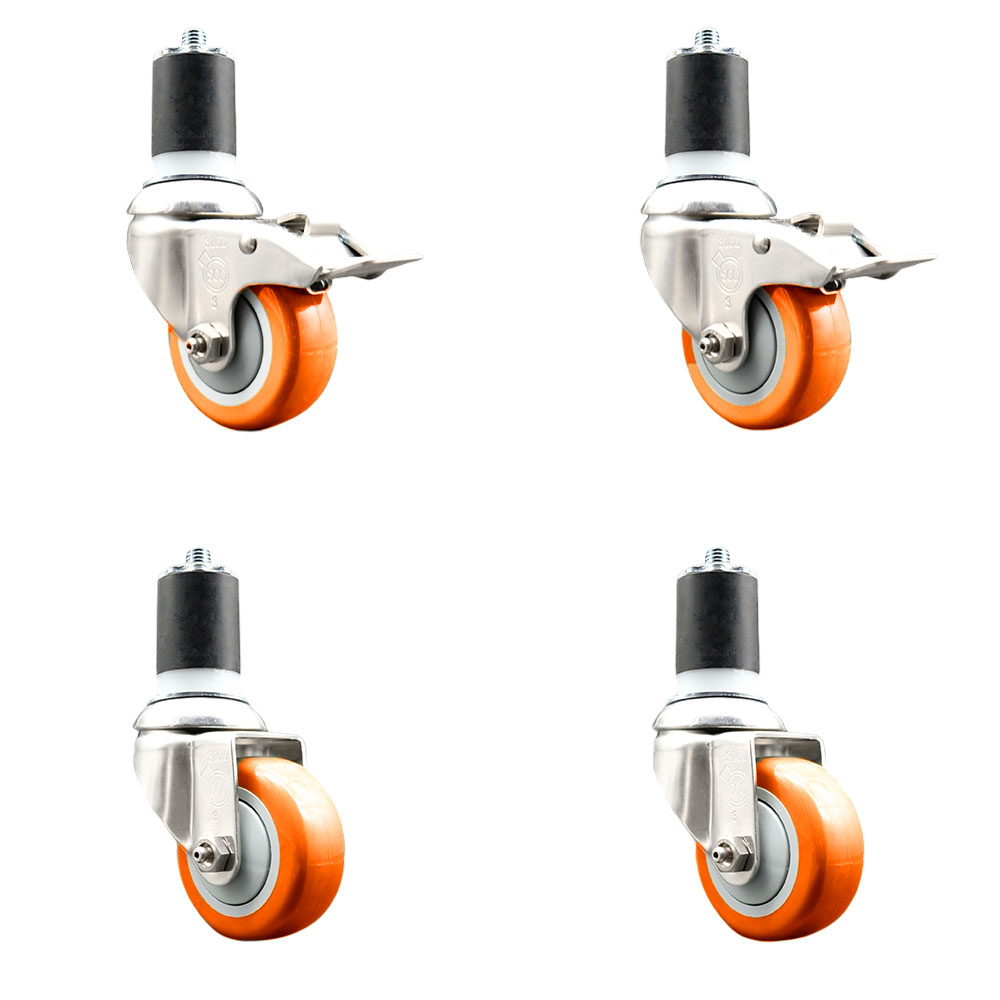 Polyurethane Swivel Stem Caster Set of 4 with 3 Inch Orange Caster Wheels - 1-3/4" Expanding Stem-316 Stainless Steel Casters-Includes 2 Swivel with Total Lock Brakes and 2 Swivel-Service Caster Brand — photo 1
