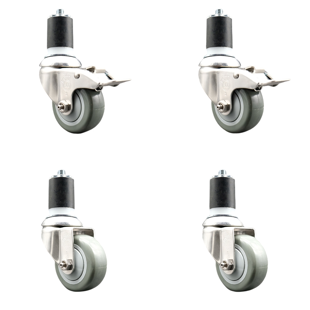 Polyurethane Swivel Stem Caster Set of 4 with 3.5 Inch Gray Caster Wheels- 1-3/4" Expanding Stem-316 Stainless Steel Casters-Includes 2 Swivel with Total Lock Brakes and 2 Swivel-Service Caster Brand — photo 1