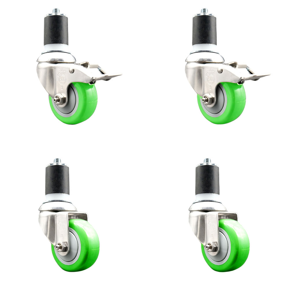 Polyurethane Swivel Stem Caster Set of 4 with 3.5 Inch Green Caster Wheels- 1-3/4" Expanding Stem-316 Stainless Steel Casters-Includes 2 Swivel with Total Lock Brakes and 2 Swivel-Service Caster Brand — photo 1