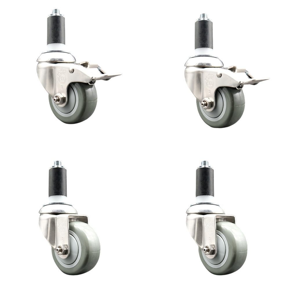 Polyurethane Swivel Stem Caster Set of 4 with 3 Inch Gray Caster Wheels - 1-3/8" Expanding Stem -316 Stainless Steel Casters-Includes 2 Swivel with Total Lock Brakes and 2 Swivel-Service Caster Brand — photo 1