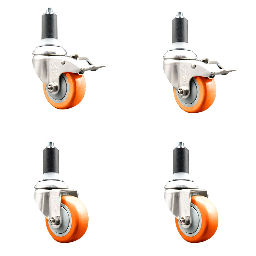 Polyurethane Swivel Stem Caster Set of 4 with 3 Inch Orange Caster Wheels - 1-3/8" Expanding Stem-316 Stainless Steel Casters-Includes 2 Swivel with Total Lock Brakes and 2 Swivel-Service Caster Brand — photo 1