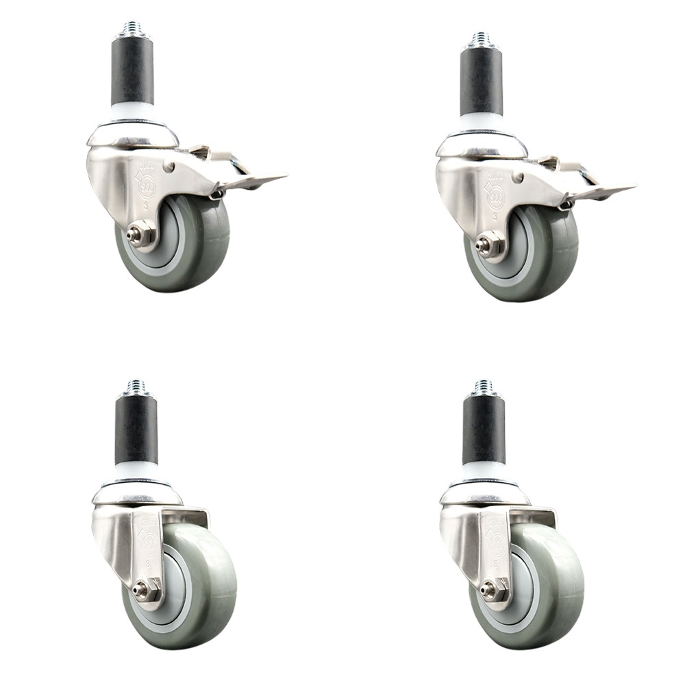 Polyurethane Swivel Stem Caster Set of 4 with 3.5 Inch Gray Caster Wheels- 1-3/8" Expanding Stem-316 Stainless Steel Casters-Includes 2 Swivel with Total Lock Brakes and 2 Swivel-Service Caster Brand — photo 1
