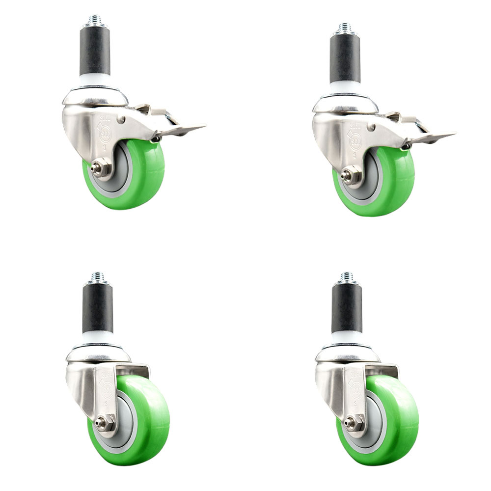 Polyurethane Swivel Stem Caster Set of 4 with 3.5 Inch Green Caster Wheels- 1-3/8" Expanding Stem-316 Stainless Steel Casters-Includes 2 Swivel with Total Lock Brakes and 2 Swivel-Service Caster Brand — photo 1