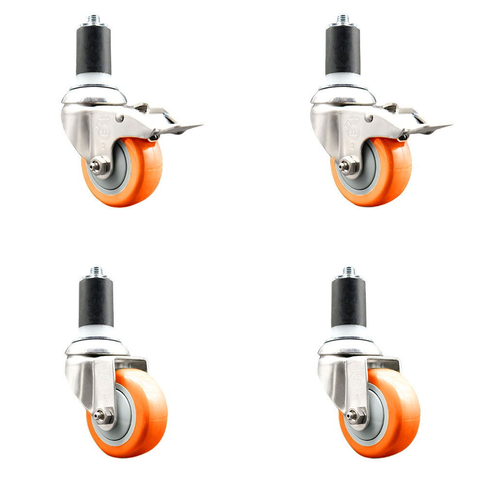 Polyurethane Swivel Stem Caster Set of 4 with 3 Inch Orange Caster Wheels - 1-5/8" Expanding Stem-316 Stainless Steel Casters-Includes 2 Swivel with Total Lock Brakes and 2 Swivel-Service Caster Brand — photo 1