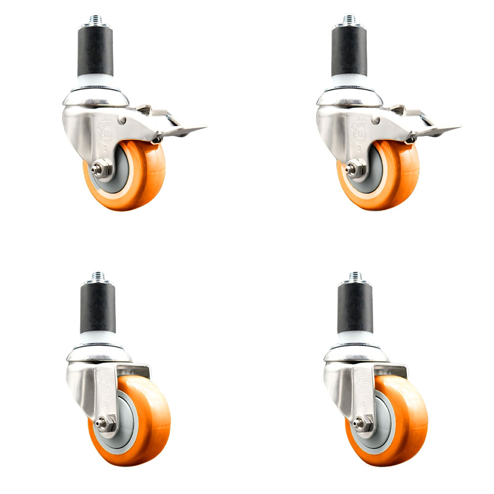 Polyurethane Swivel Stem Caster Set of 4 with 3.5 Inch Orange Caster Wheels-1-5/8" Expanding Stem-316 Stainless Steel Casters-Includes 2 Swivel with Total Lock Brakes and 2 Swivel-Service Caster Brand — photo 1