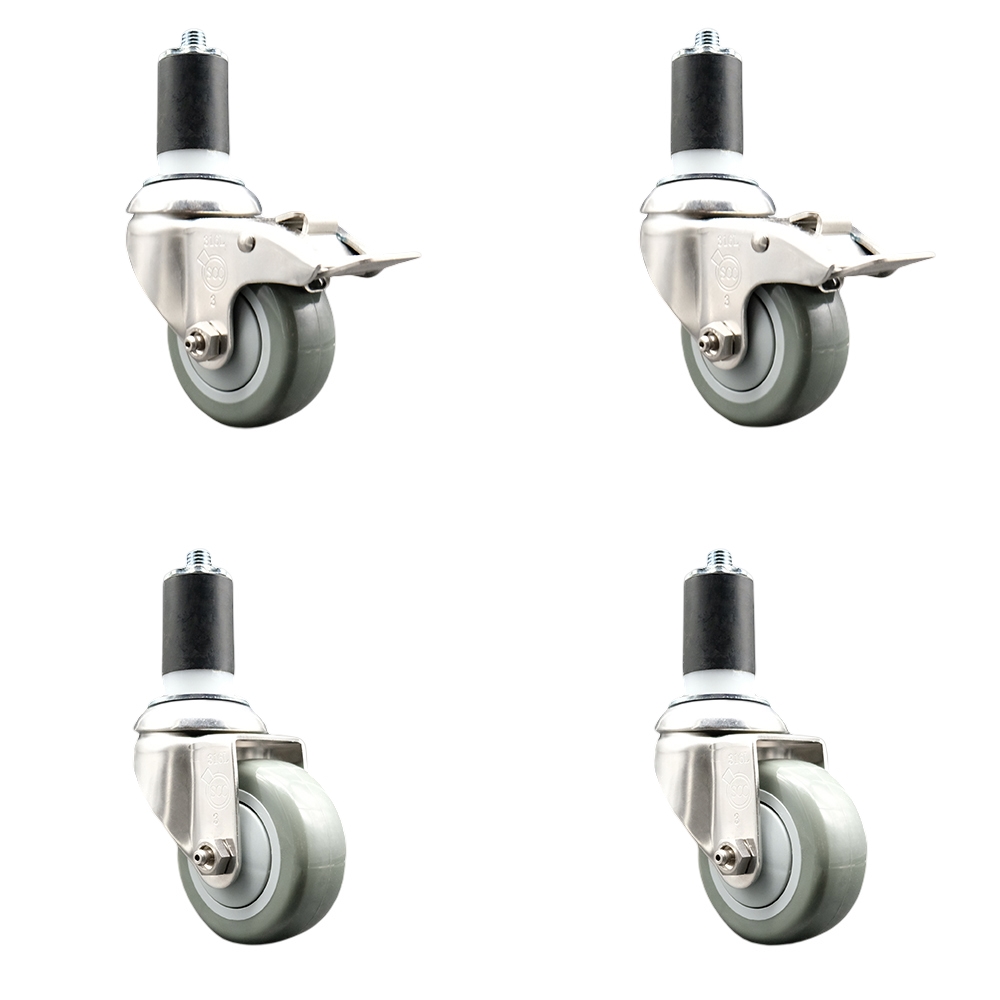 Polyurethane Swivel Stem Caster Set of 4 with 3.5 Inch Gray Caster Wheels- 1-5/8" Expanding Stem-316 Stainless Steel Casters-Includes 2 Swivel with Total Lock Brakes and 2 Swivel-Service Caster Brand — photo 1