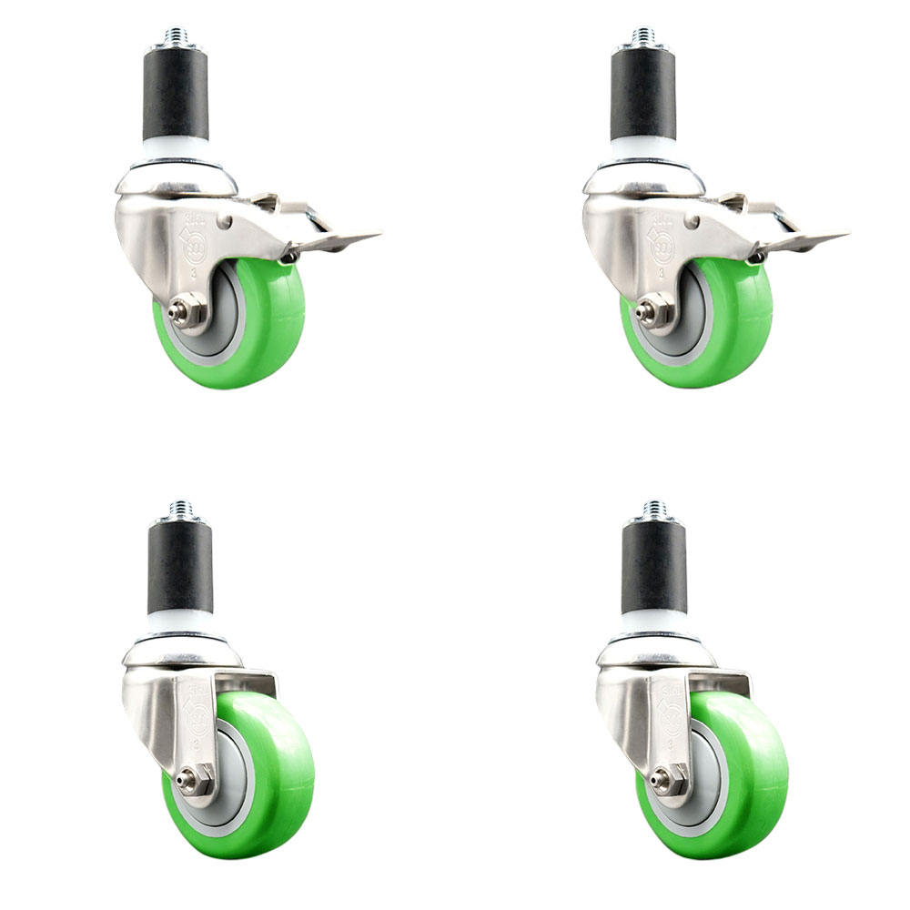 Polyurethane Swivel Stem Caster Set of 4 with 3.5 Inch Green Caster Wheels- 1-5/8" Expanding Stem-316 Stainless Steel Casters-Includes 2 Swivel with Total Lock Brakes and 2 Swivel-Service Caster Brand — photo 1