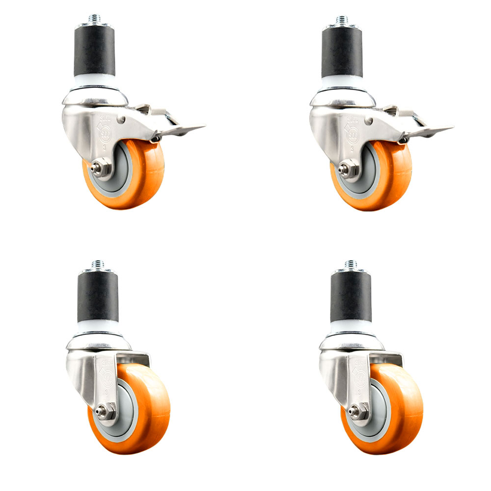 Polyurethane Swivel Stem Caster Set of 4 with 3 Inch Orange Caster Wheels - 1-7/8" Expanding Stem-316 Stainless Steel Casters-Includes 2 Swivel with Total Lock Brakes and 2 Swivel-Service Caster Brand — photo 1