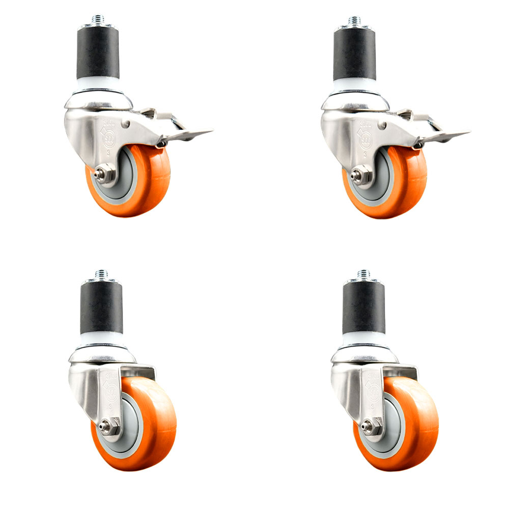Polyurethane Swivel Stem Caster Set of 4 with 3.5 Inch Orange Caster Wheels-1-7/8" Expanding Stem-316 Stainless Steel Casters-Includes 2 Swivel with Total Lock Brakes and 2 Swivel-Service Caster Brand — photo 1