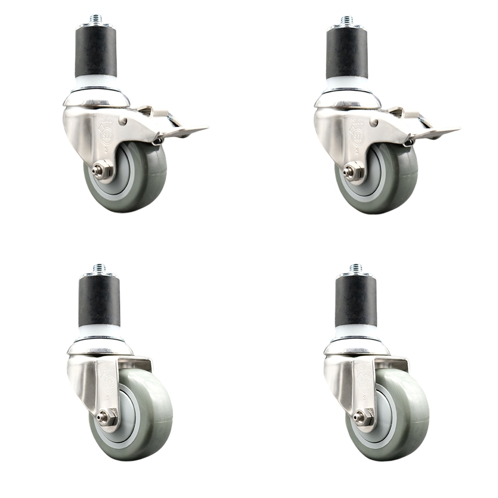 Polyurethane Swivel Stem Caster Set of 4 with 3 Inch Gray Caster Wheels - 1-7/8" Expanding Stem -316 Stainless Steel Casters-Includes 2 Swivel with Total Lock Brakes and 2 Swivel-Service Caster Brand — photo 1