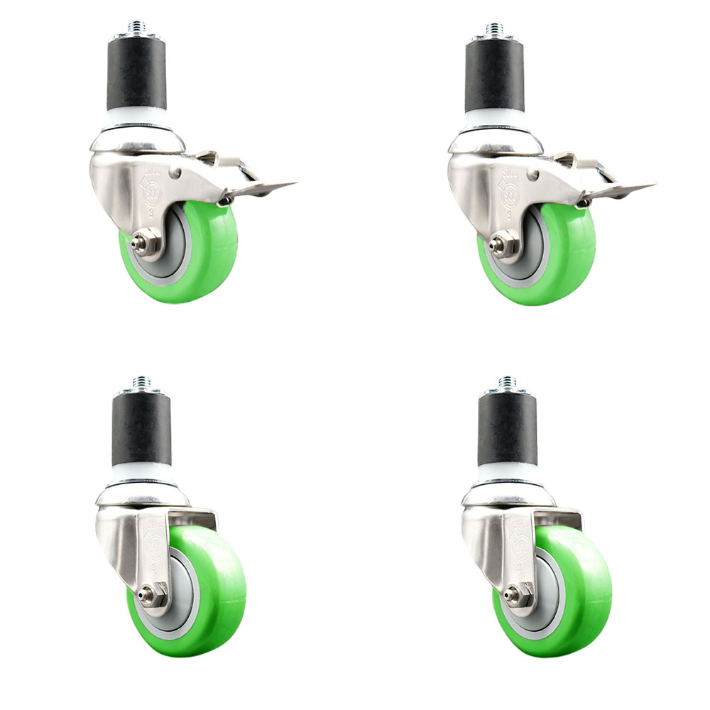 Polyurethane Swivel Stem Caster Set of 4 with 3.5 Inch Green Caster Wheels- 1-7/8" Expanding Stem-316 Stainless Steel Casters-Includes 2 Swivel with Total Lock Brakes and 2 Swivel-Service Caster Brand — photo 1