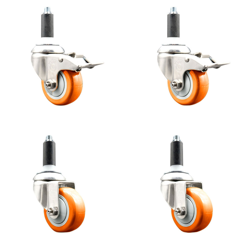 Polyurethane Swivel Stem Caster Set of 4 with 3.5 Inch Orange Caster Wheels - 1" Expanding Stem-316 Stainless Steel Casters - Includes 2 Swivel with Total Lock Brakes and 2 Swivel-Service Caster Brand — photo 1