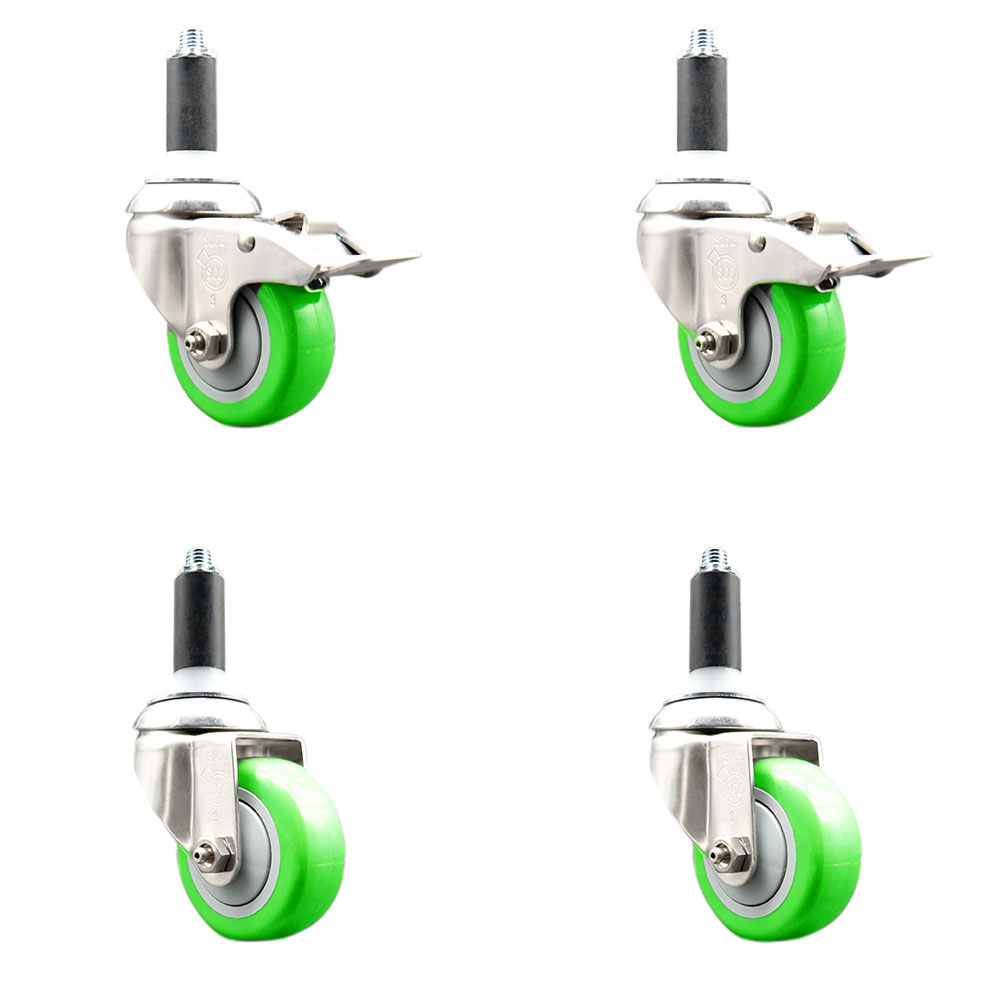 Polyurethane Swivel Stem Caster Set of 4 with 3.5 Inch Green Caster Wheels - 1" Expanding Stem -316 Stainless Steel Casters - Includes 2 Swivel with Total Lock Brakes and 2 Swivel-Service Caster Brand — photo 1