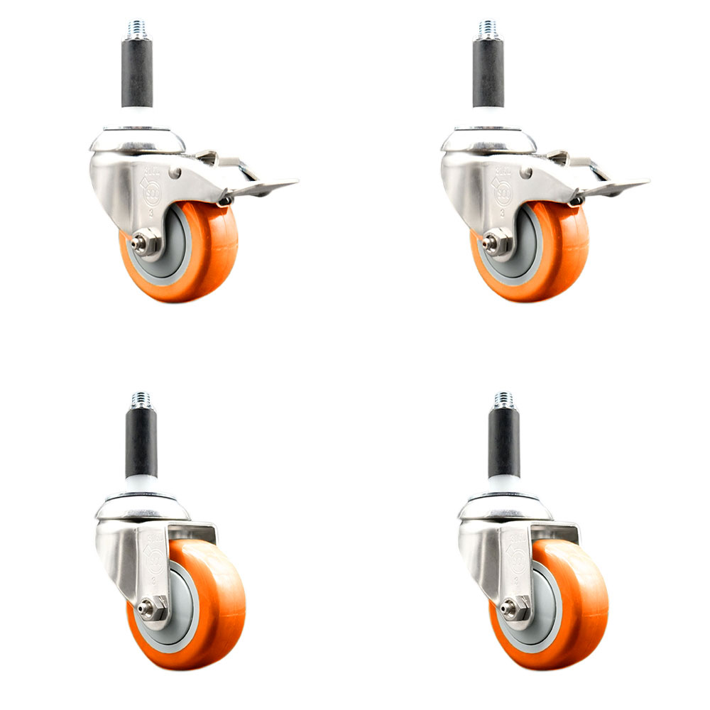 Polyurethane Swivel Stem Caster Set of 4 with 3.5 Inch Orange Caster Wheels - 3/4" Expanding Stem-316 Stainless Steel Casters-Includes 2 Swivel with Total Lock Brakes and 2 Swivel-Service Caster Brand — photo 1