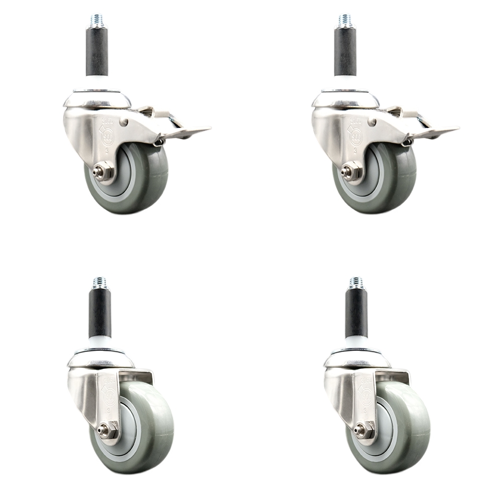 Polyurethane Swivel Stem Caster Set of 4 with 3 Inch Gray Caster Wheels - 3/4" Expanding Stem -316 Stainless Steel Casters - Includes 2 Swivel with Total Lock Brakes and 2 Swivel-Service Caster Brand — photo 1