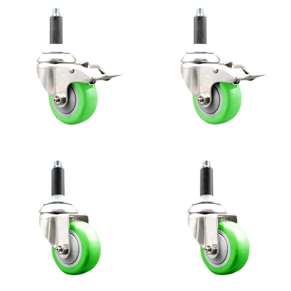 Polyurethane Swivel Stem Caster Set of 4 with 3.5 Inch Green Caster Wheels - 3/4" Expanding Stem -316 Stainless Steel Casters-Includes 2 Swivel with Total Lock Brakes and 2 Swivel-Service Caster Brand — photo 1