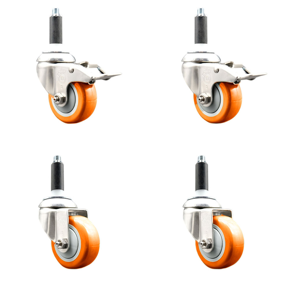 Polyurethane Swivel Stem Caster Set of 4 with 3.5 Inch Orange Caster Wheels - 7/8" Expanding Stem-316 Stainless Steel Casters-Includes 2 Swivel with Total Lock Brakes and 2 Swivel-Service Caster Brand — photo 1