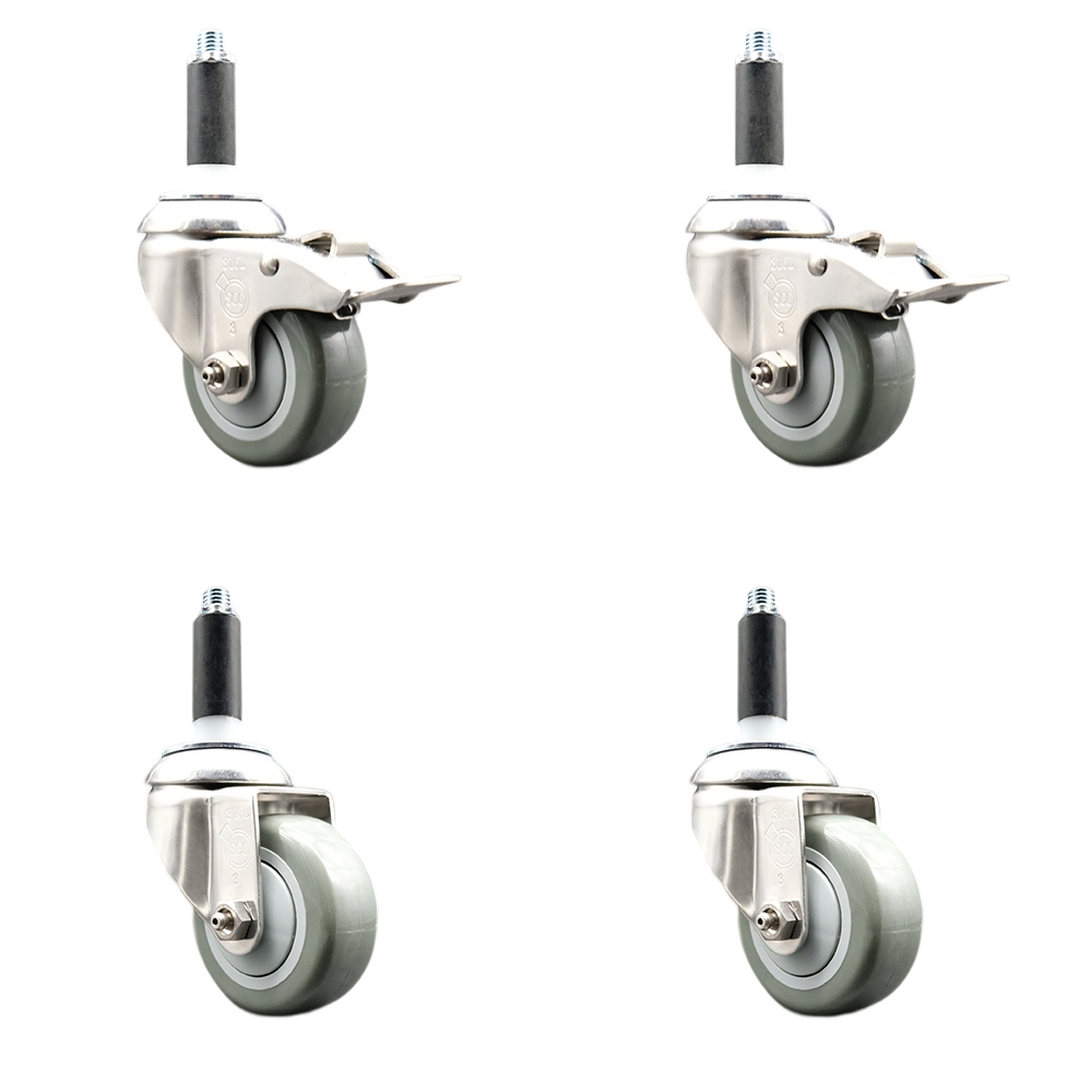Polyurethane Swivel Stem Caster Set of 4 with 3 Inch Gray Caster Wheels - 7/8" Expanding Stem -316 Stainless Steel Casters - Includes 2 Swivel with Total Lock Brakes and 2 Swivel-Service Caster Brand — photo 1
