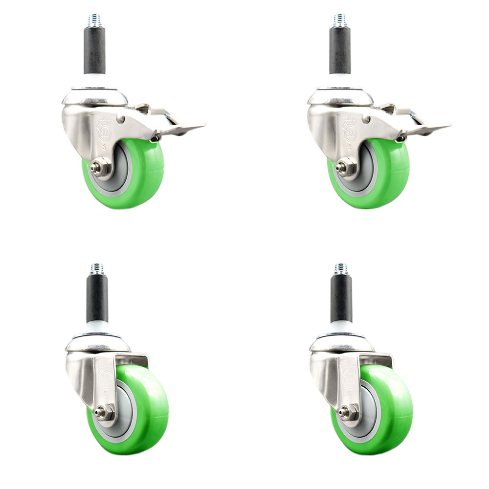 Polyurethane Swivel Stem Caster Set of 4 with 3.5 Inch Green Caster Wheels - 7/8" Expanding Stem -316 Stainless Steel Casters-Includes 2 Swivel with Total Lock Brakes and 2 Swivel-Service Caster Brand — photo 1