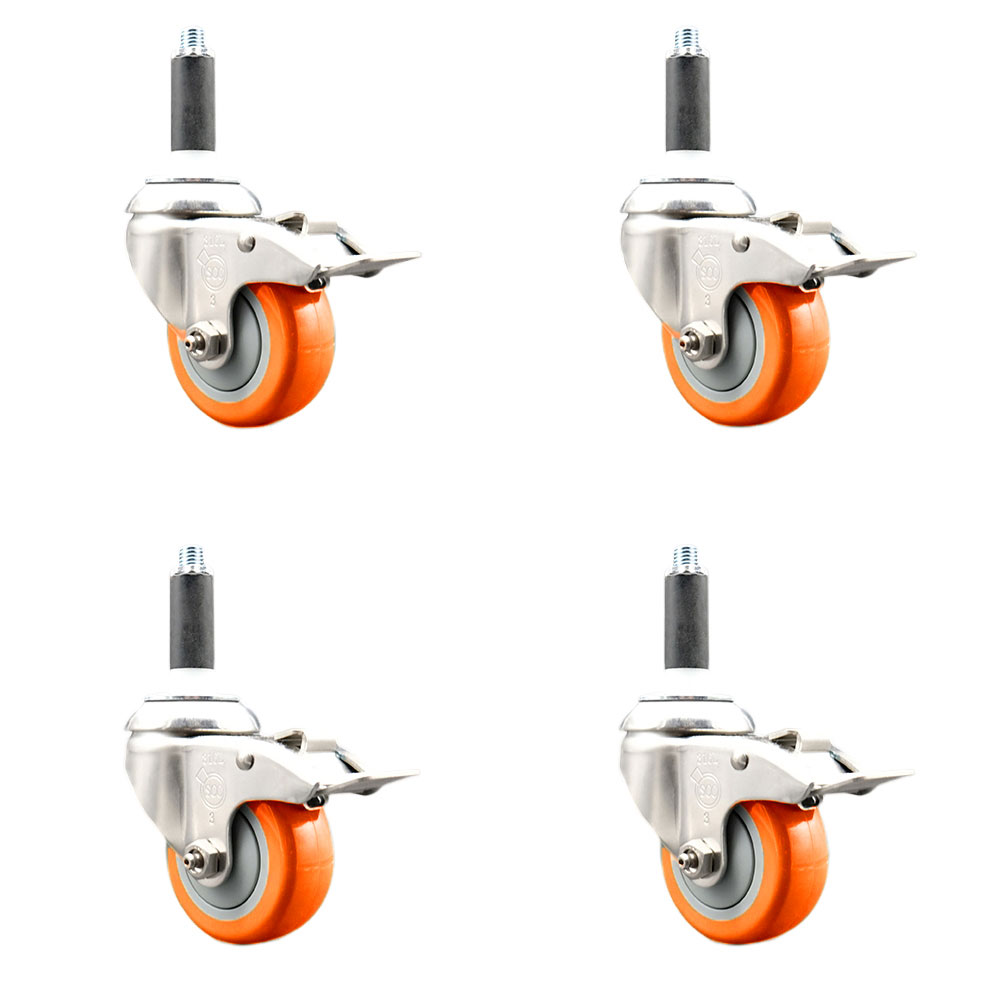 Polyurethane Swivel Stem Caster Set of 4 with 3.5 Inch Orange Caster Wheels - 3/4" Expanding Stems - 316 Stainless Steel Casters - Includes 4 Swivel Casters with Total Lock Brakes-Service Caster Brand — photo 1