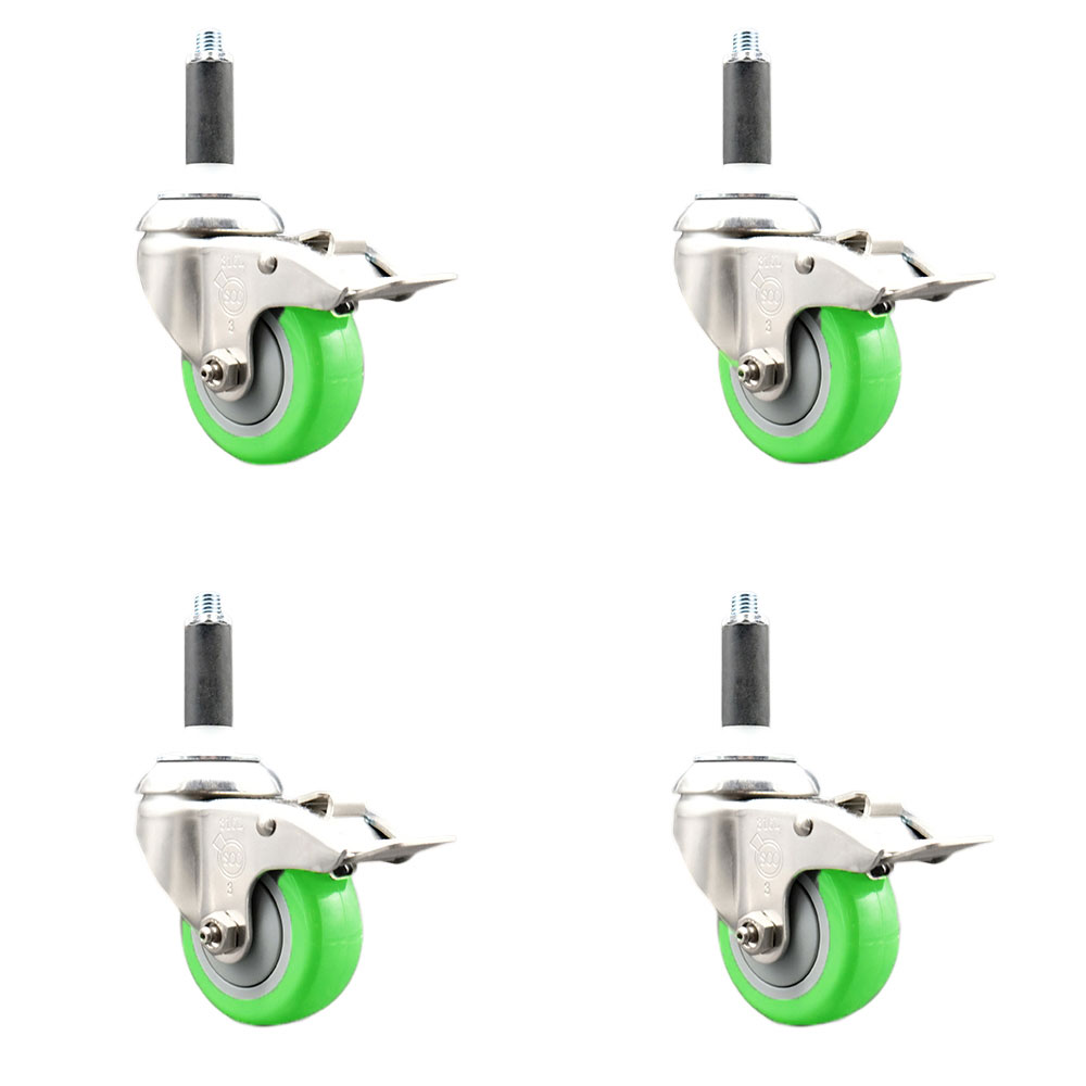 Polyurethane Swivel Stem Caster Set of 4 with 3.5 Inch Green Caster Wheels - 3/4" Expanding Stems - 316 Stainless Steel Casters - Includes 4 Swivel Casters with Total Lock Brakes- Service Caster Brand — photo 1