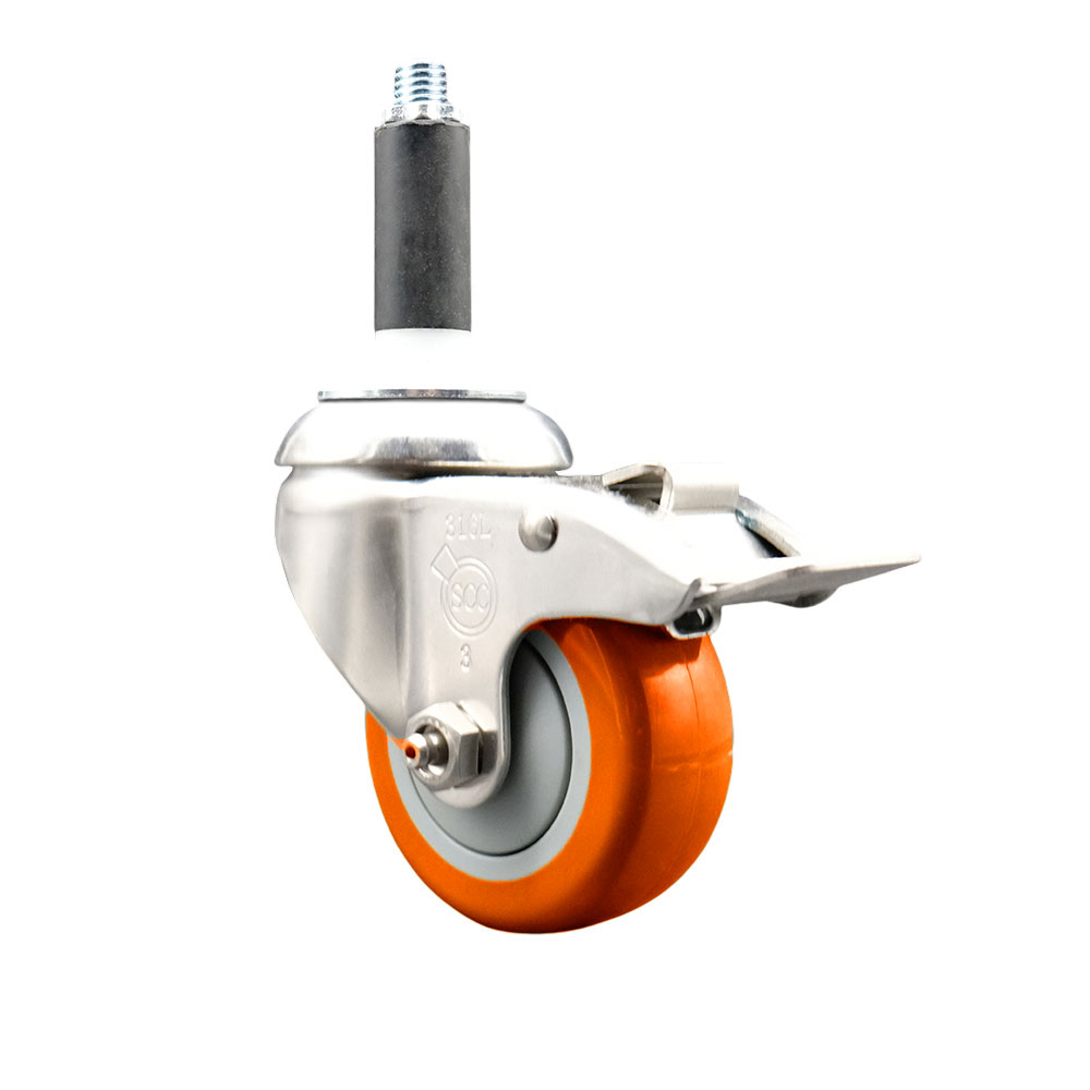 Polyurethane Swivel Stem Caster with 3.5 Inch Orange Caster Wheel and Total Lock Brake - 3/4" Expanding Stem - 316 Stainless Steel Caster - 300 lbs. Capacity Per Caster - Service Caster Brand — photo 1
