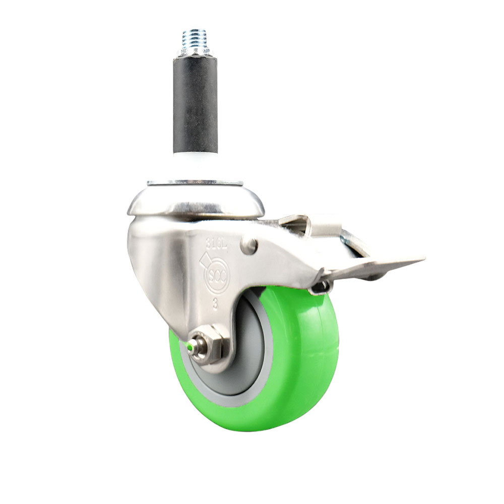 Polyurethane Swivel Stem Caster with 3.5 Inch Green Caster Wheel and Total Lock Brake - 3/4" Expanding Stem - 316 Stainless Steel Caster - 300 lbs. Capacity Per Caster - Service Caster Brand — photo 1