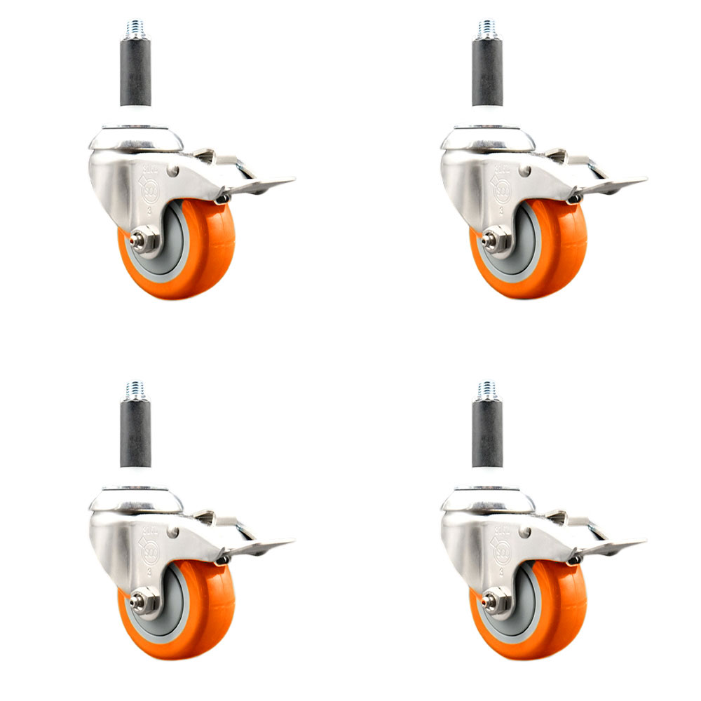 Polyurethane Swivel Stem Caster Set of 4 with 3.5 Inch Orange Caster Wheels - 7/8" Expanding Stems - 316 Stainless Steel Casters - Includes 4 Swivel Casters with Total Lock Brakes-Service Caster Brand — photo 1